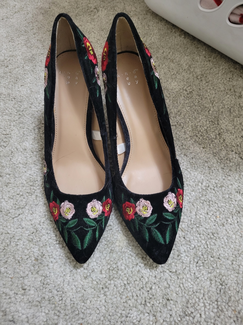 a new day Black Velvet Heels with Red Floral Embroidery